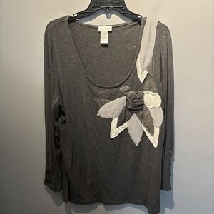 Monroe & Main Women's Gray Long Sleeve Pullover Floral Detailing Size XL Stretch